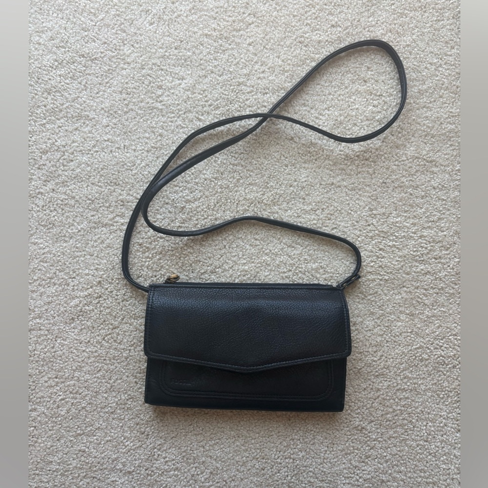 Fossil Black Leather Wallet Crossbody Bag
